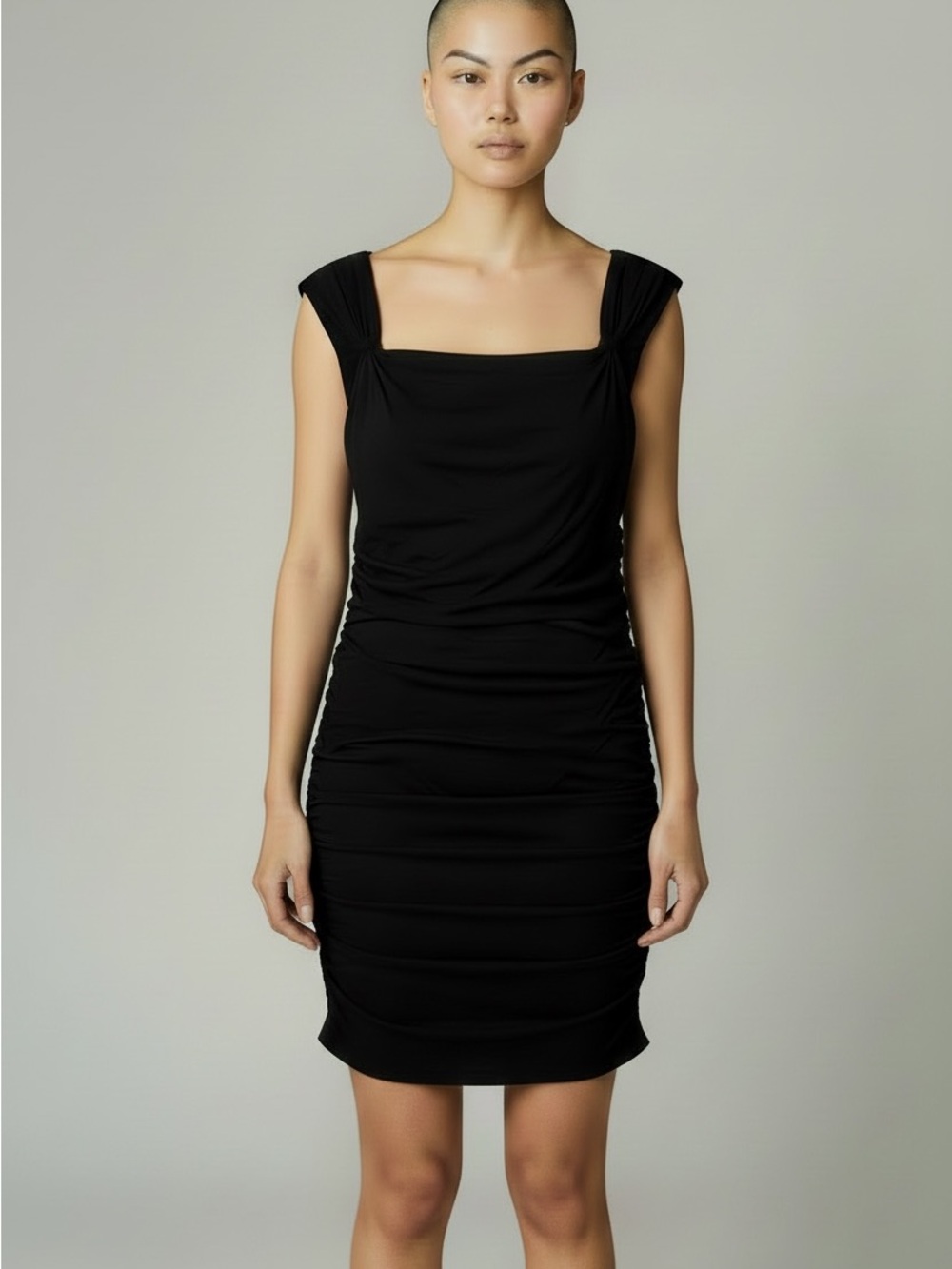 INC International Concepts Black Ruched Midi Cocktail Dress Size Large